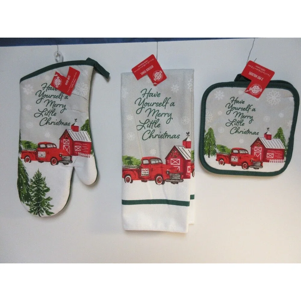 Christmas Holiday Kitchen Towels, Pot Holders, Oven Mitt 4pc Set -Truck & Barn